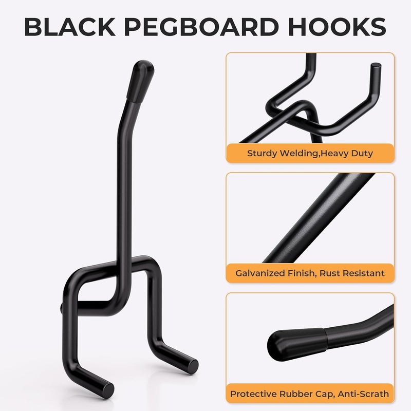 INCLY 50 Pack Black Pegboard Hooks, 2 Inch Metal Peg Board Hooks Accessories, Peg Board Tool Hangers Fit for 1/8“ and 1/4" Pegboard Hanging Tools for Garage, Craft Room, Kitchen, Store - Image 4